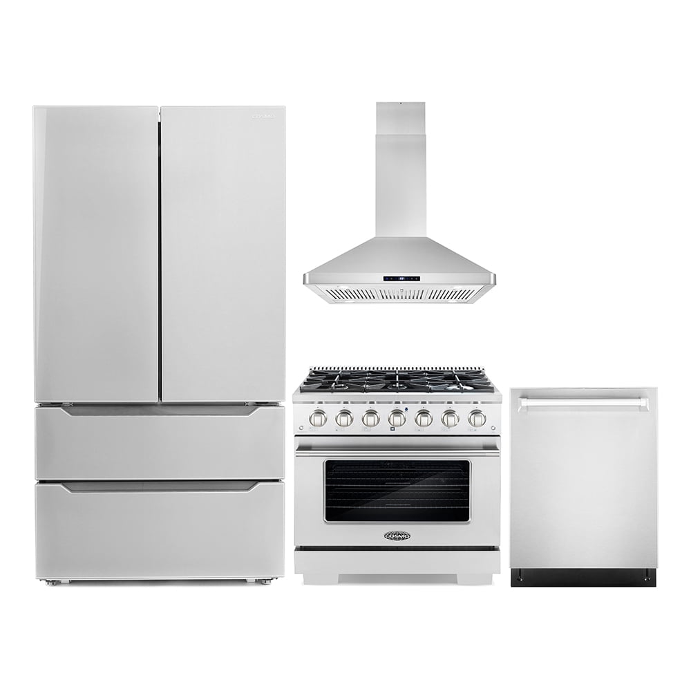 Cosmo 4 Piece Kitchen Appliance Packages with 36" Freestanding Dual Fuel Range 36" Island Range Hood 24" Built-in Integrated Dishwasher & French Door Refrigerator Kitchen Appliance Bundles
