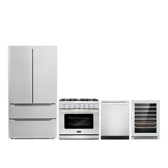 Cosmo 4 Piece Kitchen Appliance Packages with 36" Freestanding Gas Range 24" Built-in Dishwasher French Door Refrigerator & 48 Bottle Freestanding Wine Refrigerator Kitchen Appliance Bundles