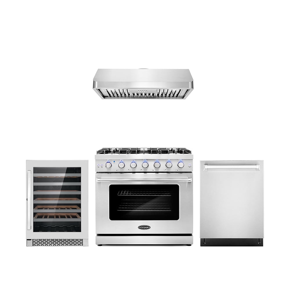 Cosmo 4 Piece Kitchen Appliance Packages with 36" Freestanding Gas Range 36" Under Cabinet Range Hood 24" Built-in Dishwasher & 48 Bottle Freestanding Wine Refrigerator Kitchen Appliance Bundles