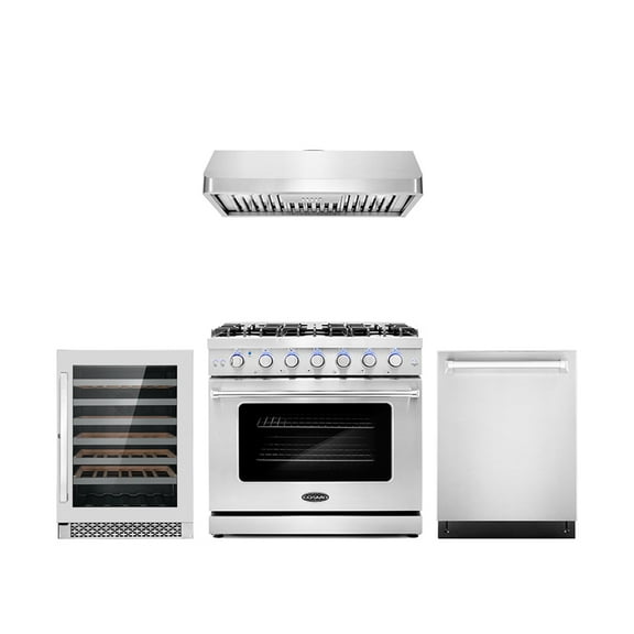 Cosmo 4 Piece Kitchen Appliance Packages with 36" Freestanding Gas Range 36" Under Cabinet Range Hood 24" Built-in Dishwasher & 48 Bottle Freestanding Wine Refrigerator Kitchen Appliance Bundles