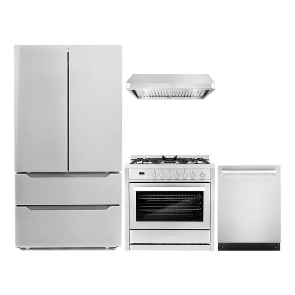 Cosmo 4 Piece Kitchen Appliance Packages with 36" Freestanding Gas Range 36" Under Cabinet Range Hood 24" Built-in Integrated Dishwasher & French Door Refrigerator Kitchen Appliance Bundles