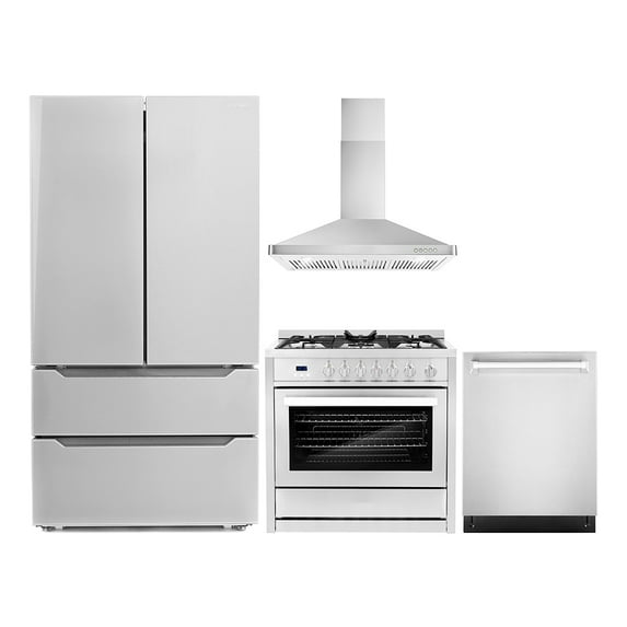 Cosmo 4 Piece Kitchen Appliance Packages with 36" Freestanding Gas Range 36" Wall Mount Range Hood 24" Built-in Integrated Dishwasher & French Door Refrigerator Kitchen Appliance Bundles