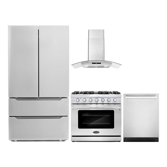 Cosmo 4 Piece Kitchen Appliance Packages with 36" Freestanding Gas Range 36" Wall Mount Range Hood 24" Built-in Integrated Dishwasher & French Door Refrigerator Kitchen Appliance Bundles