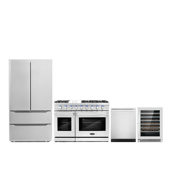 Cosmo 4 Piece Kitchen Appliance Packages with 48" Freestanding Gas Range 24" Built-in Integrated French Door Refrigerator & 48 Bottle Freestanding Wine Refrigerator Kitchen Appliance Bundles