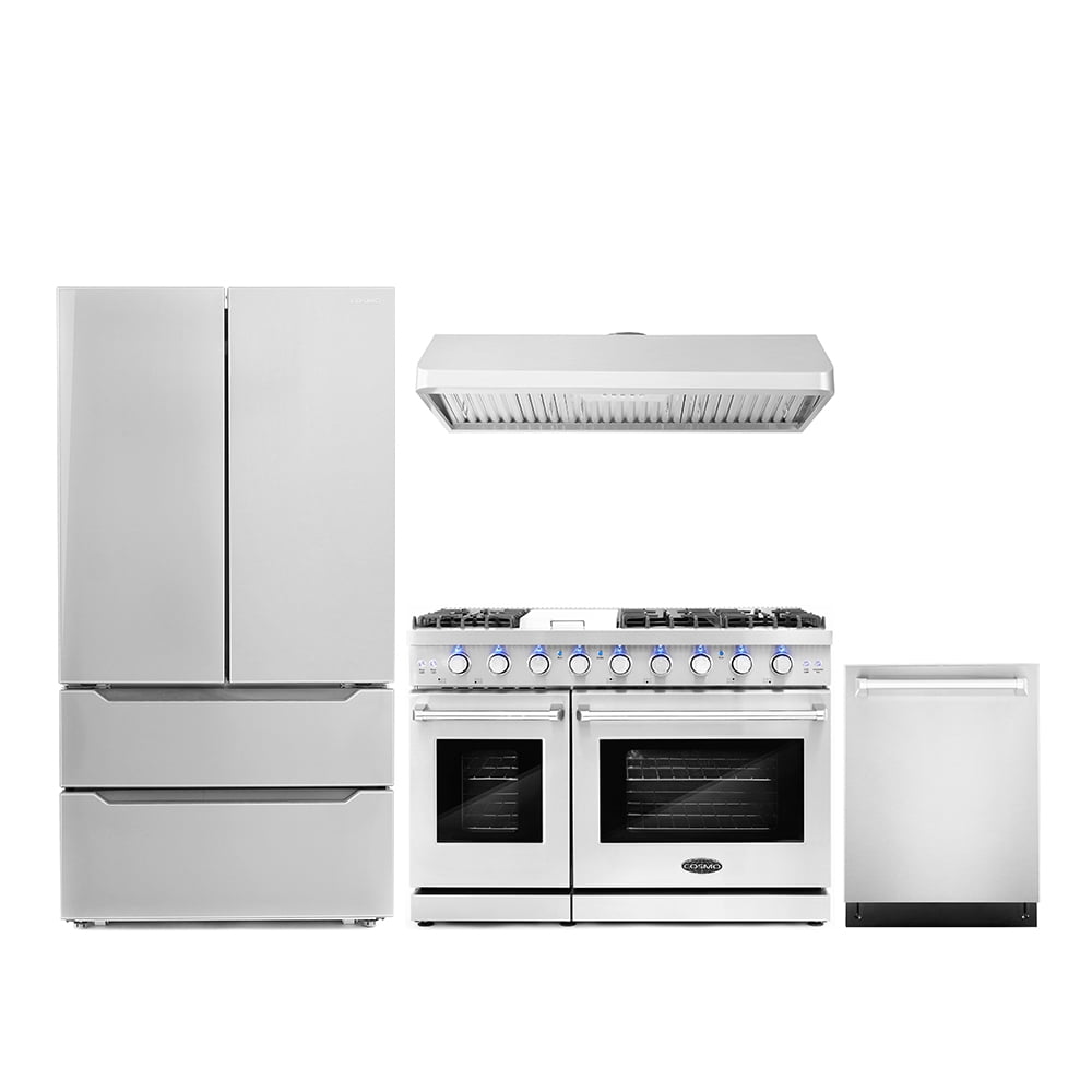 Cosmo 4 Piece Kitchen Appliance Packages with 48" Freestanding Gas Range 48" Under Cabinet Range Hood 24" Built-in Dishwasher & 48 Bottle Freestanding Wine Refrigerator Kitchen Appliance Bundles