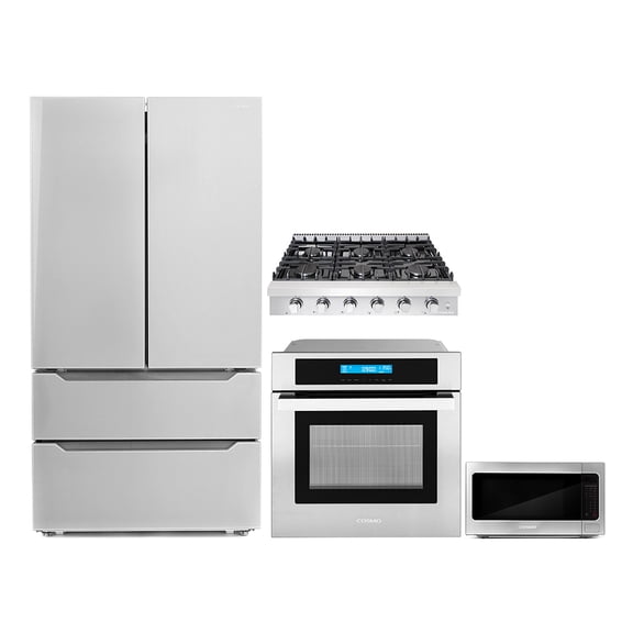 Cosmo 4 Piece Kitchen Package 36" Slide-In Gas Cooktop 24" Single Electric Wall Oven 24.4" Countertop Microwave & French Door Refrigerator