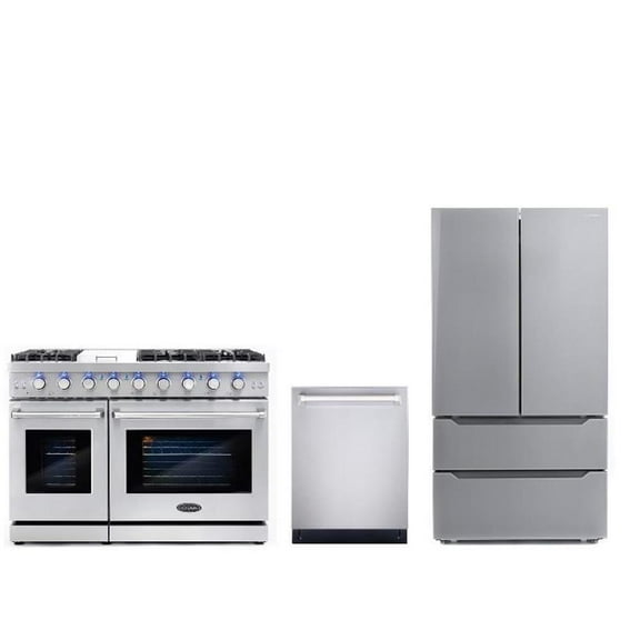Cosmo 48" Double Oven Gas Range & Dishwasher & French Door Refrigerator Set