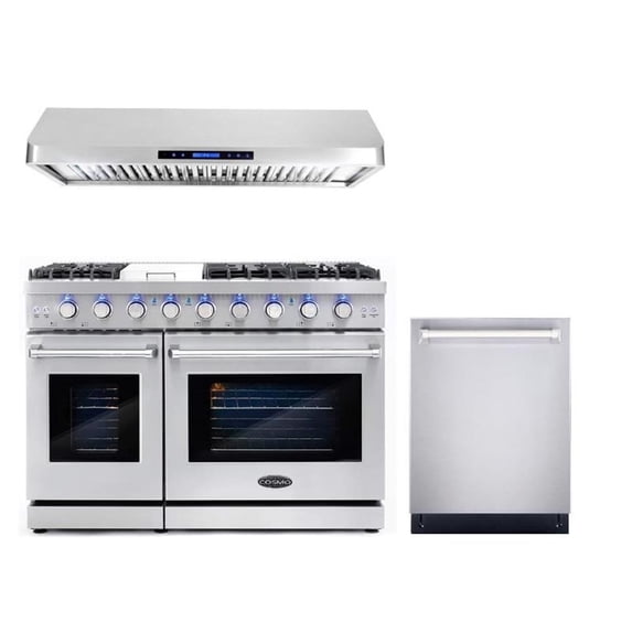 Cosmo 48" Double Oven Gas Range with 6 Burners & Range Hood & Dishwasher Set