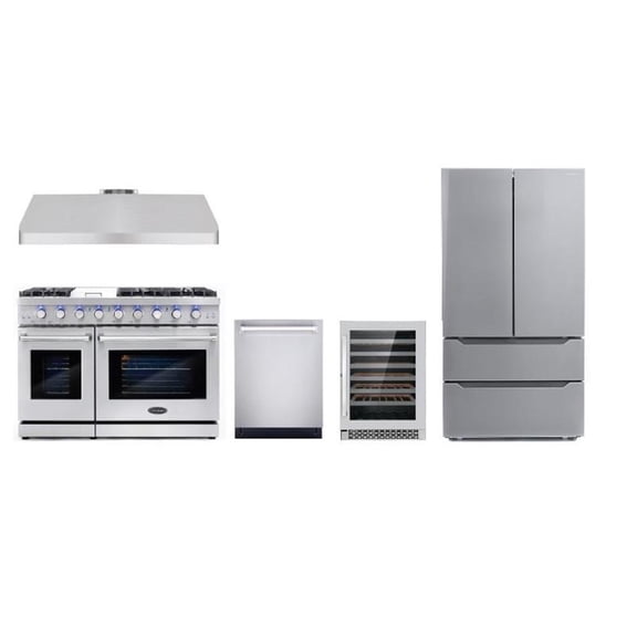 Cosmo 48" Gas Range & Hood & Dishwasher & Wine Cooler & Refrigerator Set