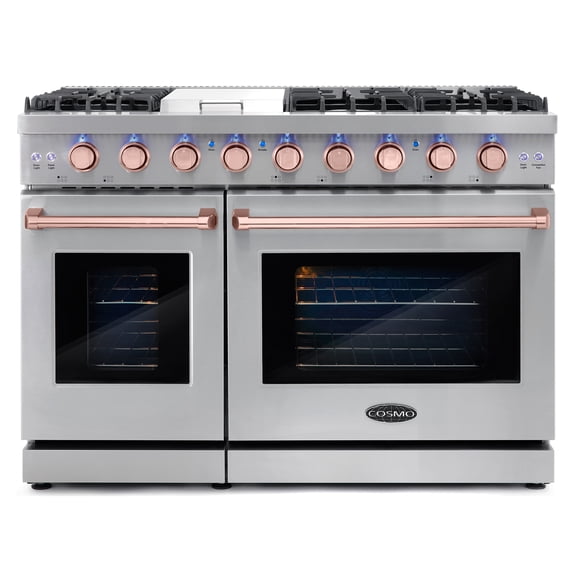 Cosmo 48 in. 7 cu. ft. Double Oven Gas Range, 6 Burners, Griddle, Convection, Knob LEDs, Stainless Steel, Rose Gold Handle Knob Kit