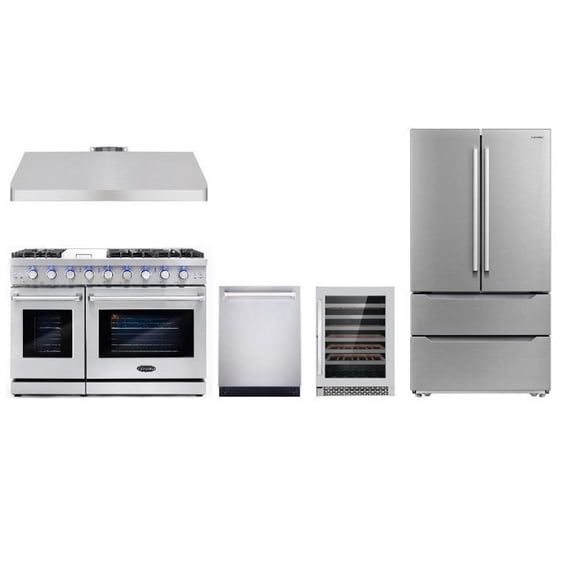 Cosmo 48 in. Gas Range & Hood & Dishwasher & Wine Cooler & Refrigerator Set