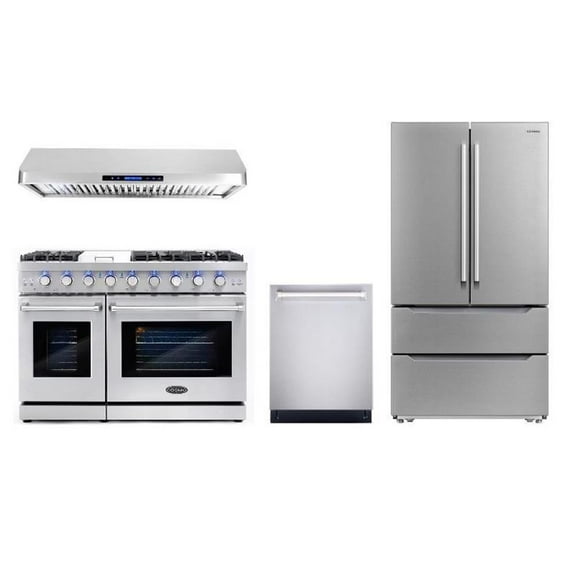 Cosmo 48 in. Gas Range & Hood & Dishwasher & Refrigerator Set - Liquid Propane