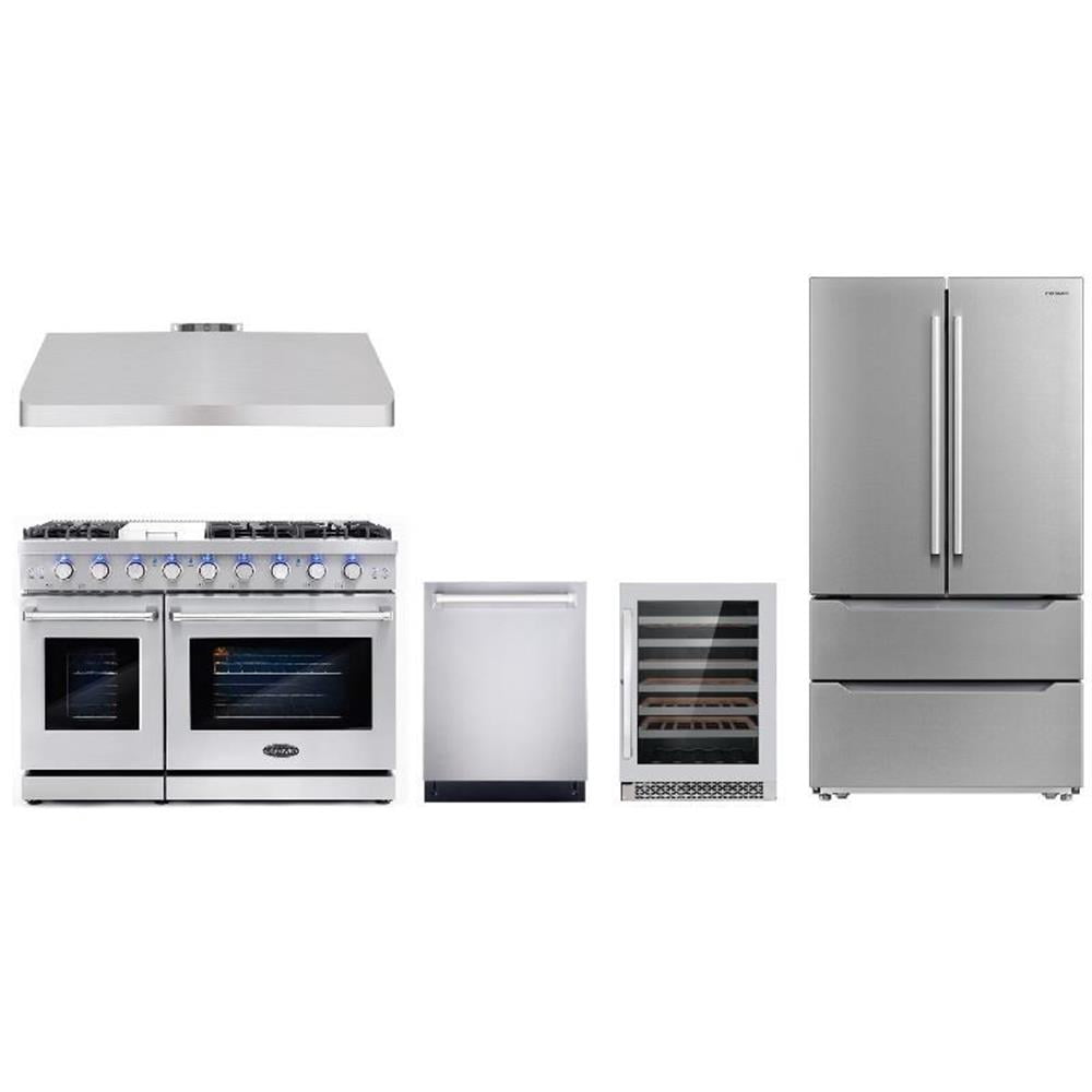 Cosmo 48 in. Range & Hood & Dishwasher & Wine Cooler & Refrigerator Set - LP Kit