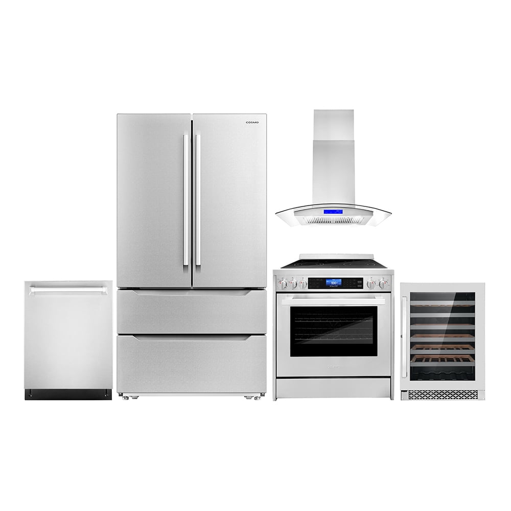 Cosmo 5 Piece Kitchen Appliance Package with 30" Freestanding Electric Range 30" Island Range Hood 24" Built-in Fully Integrated Dishwasher French Door Refrigerator & 48 Bottle Wine Refrigerator