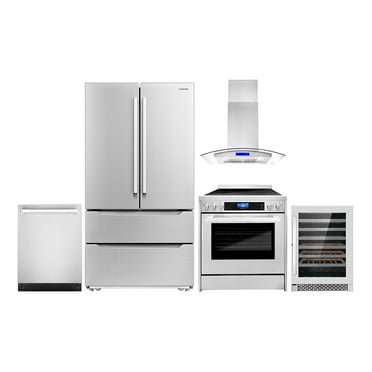 Cosmo 5 Piece Kitchen Appliance Package with 30" Freestanding Electric Range 30" Island Range Hood 24" Built-in Fully Integrated Dishwasher French Door Refrigerator & 48 Bottle Wine Refrigerator