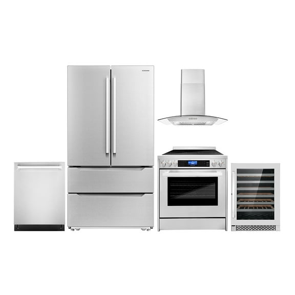 Cosmo 5 Piece Kitchen Appliance Package with 30" Freestanding Electric Range 30" Wall Mount Range Hood 24" Built-in Fully Integrated Dishwasher French Door Refrigerator & 48 Bottle Wine Refrigerator