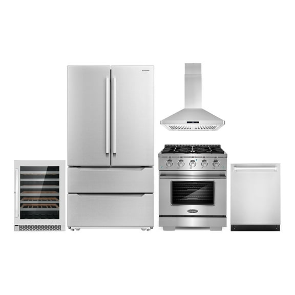 Cosmo 5 Piece Kitchen Appliance Package with 30" Freestanding Gas Range 30" Island Range Hood 24" Built-in Fully Integrated Dishwasher French Door Refrigerator & 48 Bottle Wine Refrigerator