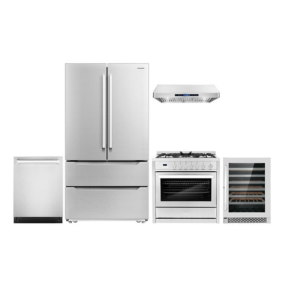 Cosmo 5 Piece Kitchen Appliance Package with 36" Freestanding Gas Range 36" Under Cabinet Range Hood 24" Built-in Fully Integrated Dishwasher French Door Refrigerator & 48 Bottle Wine Refrigerator
