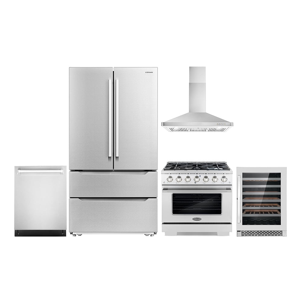 Cosmo 5 Piece Kitchen Appliance Package with 36" Freestanding Gas Range 36" Wall Mount Range Hood 24" Built-in Fully Integrated Dishwasher French Door Refrigerator & 48 Bottle Wine Refrigerator