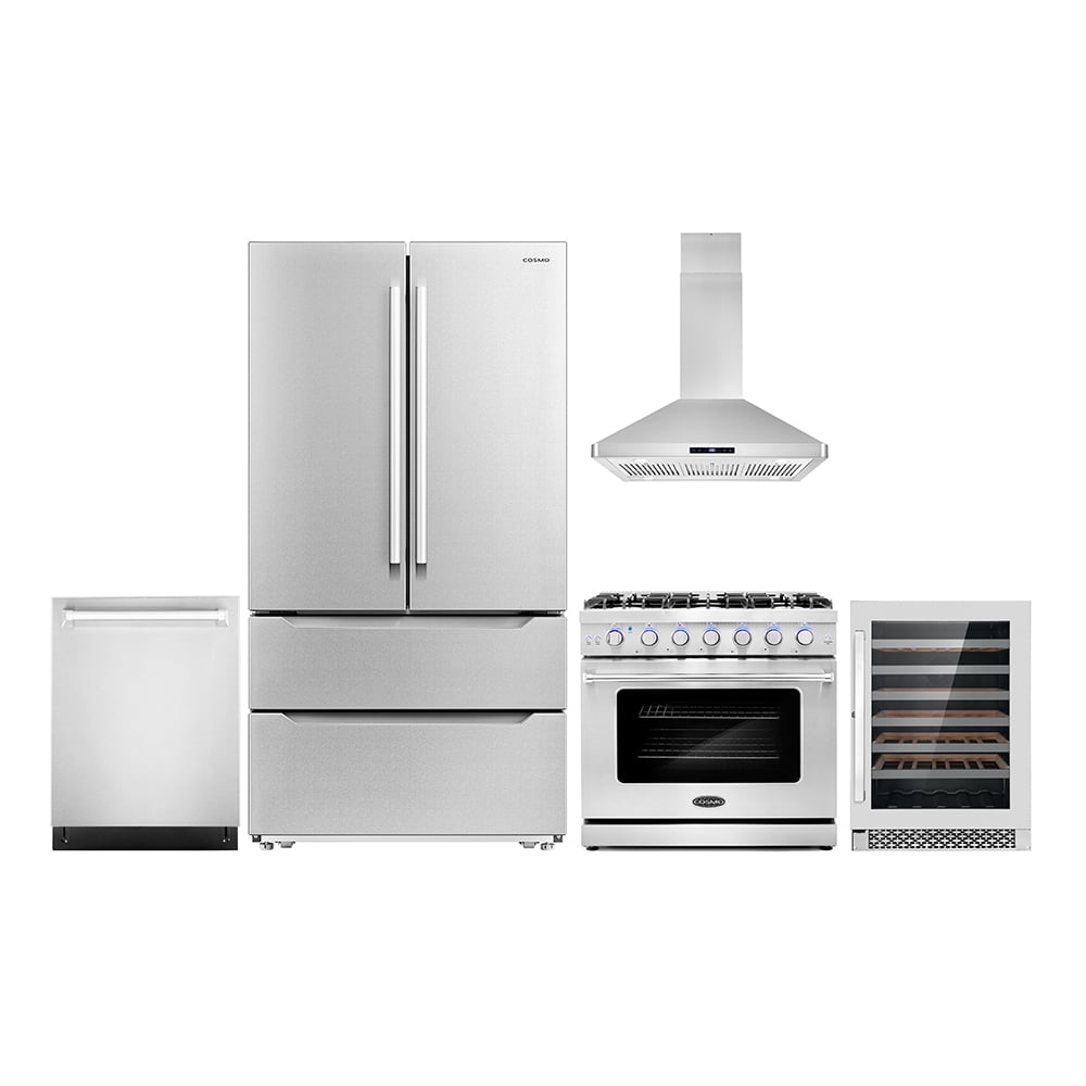 Cosmo 5 Piece Kitchen Appliance Package with 36" Freestanding Gas Range 36" Island Range Hood 24" Built-in Fully Integrated Dishwasher French Door Refrigerator & 48 Bottle Wine Refrigerator