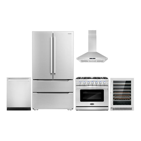 Cosmo 5 Piece Kitchen Appliance Package with 36" Freestanding Gas Range 36" Island Range Hood 24" Built-in Fully Integrated Dishwasher French Door Refrigerator & 48 Bottle Wine Refrigerator