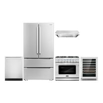 Cosmo 5 Piece Kitchen Appliance Package with 36" Freestanding Gas Range 36" Under Cabinet 24" Built-in Fully Integrated Dishwasher French Door Refrigerator & 48 Bottle Wine Refrigerator