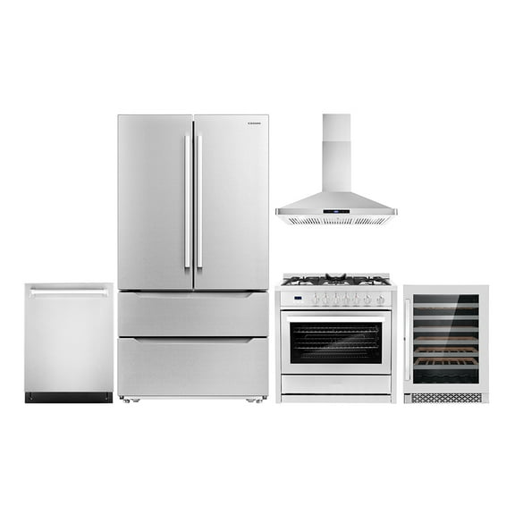 Cosmo 5 Piece Kitchen Appliance Package with 36" Freestanding Gas Range 36" Wall Mount Range Hood 24" Built-in Fully Integrated Dishwasher French Door Refrigerator & 48 Bottle Wine Refrigerator