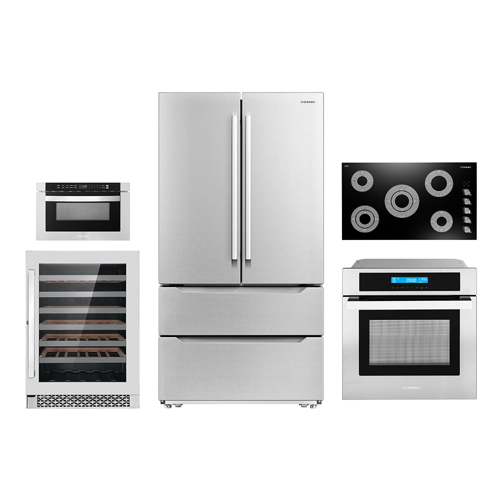Cosmo 5 Piece Kitchen Appliance Package With 30" Electric Cooktop 24" 48 Bottle Freestanding Wine Refrigerator 24" Single Electric Wall Oven 24.4" Built-in Microwave & French Door Refrigerator