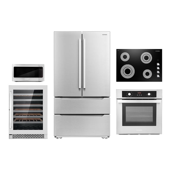 Cosmo 5 Piece Kitchen Appliance Package With 30" Electric Cooktop 24" Single Electric Wall Oven 30" Over-the-range Microwave French Door Refrigerator & 24" Built-in Fully Integrated Dishwasher