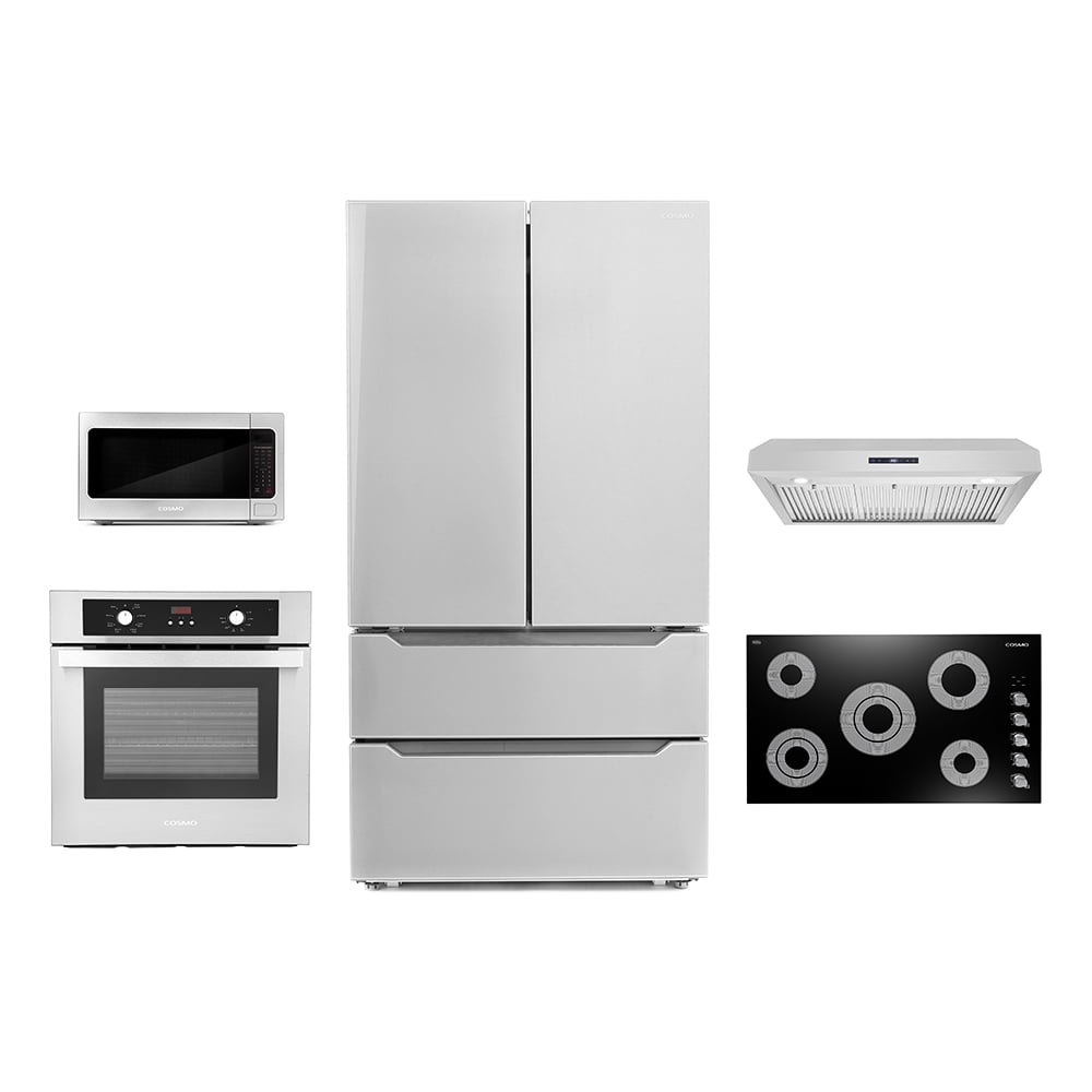 Cosmo 5 Piece Kitchen Appliance Package With 30" Electric Cooktop 24" Single Electric Wall Oven 30" Over-the-range Microwave & French Door Refrigerator