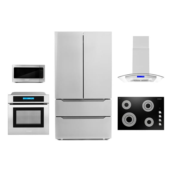 Cosmo 5 Piece Kitchen Appliance Package With 30" Electric Cooktop 36" Island Range Hoood 30" Single Electric Wall Oven 30" Over-the-range Microwave & French Door Refrigerator