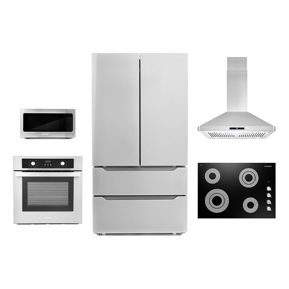 Cosmo 5 Piece Kitchen Appliance Package With 30" Electric Cooktop 30" Island Range Hood 24" Single Electric Wall Oven 30" Over-The-Range Microwave & French Door Refrigerator
