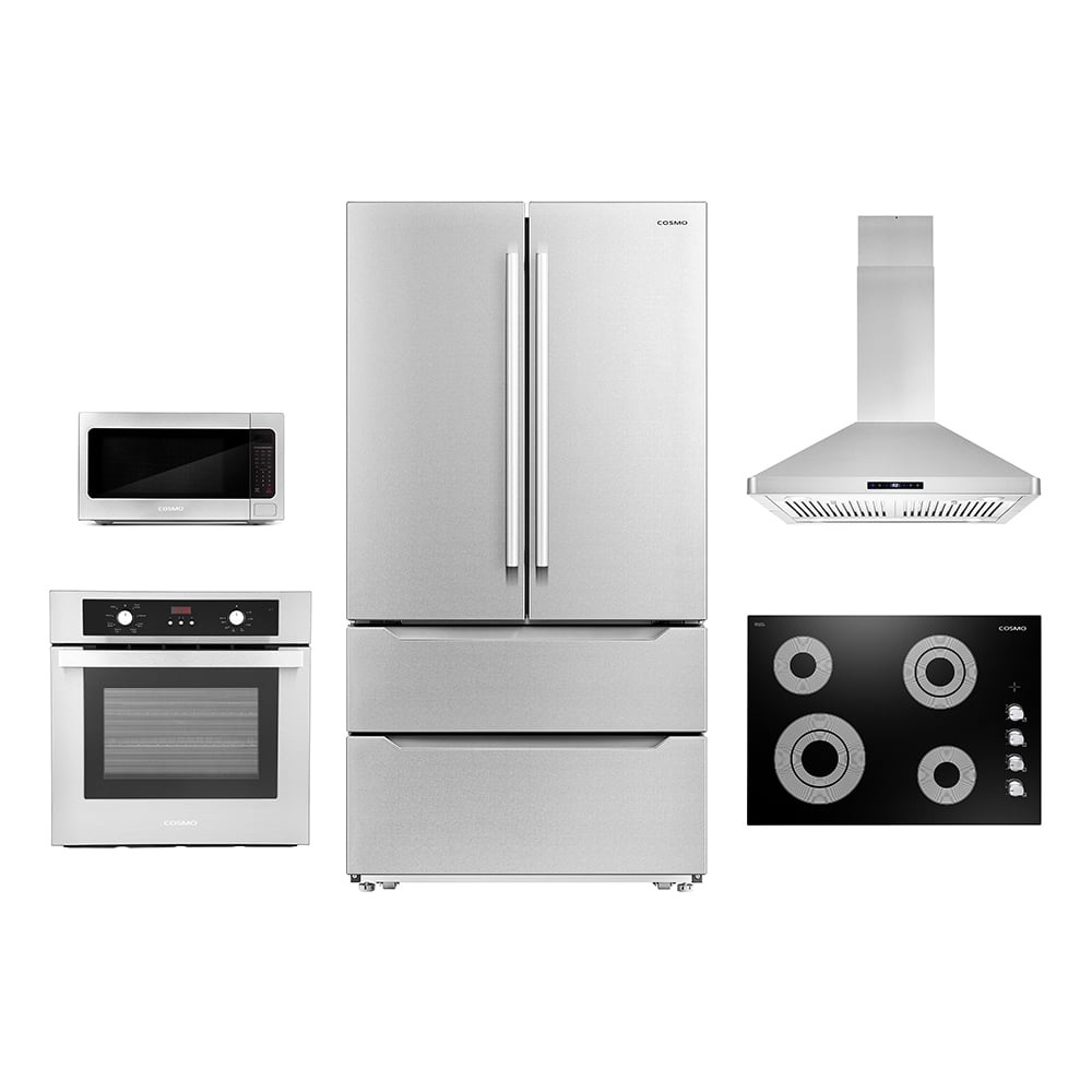 Cosmo 5 Piece Kitchen Appliance Package With 30" Electric Cooktop 30" Island Range Hood 24" Single Electric Wall Oven 30" Over-The-Range Microwave & French Door Refrigerator