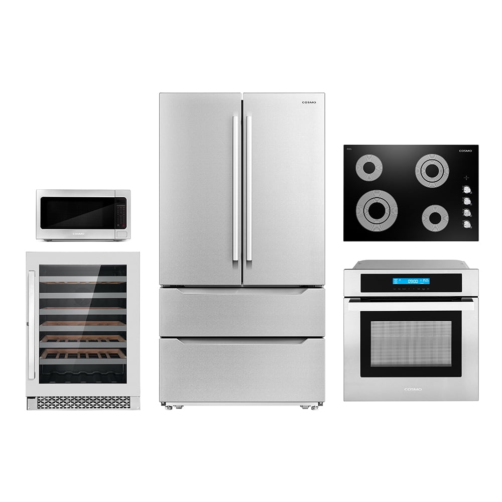 Cosmo 5 Piece Kitchen Appliance Package With 30" Electric Cooktop 30" Single Electric Wall Oven 30" Over-the-range Microwave French Door Refrigerator & 24" Built-in Fully Integrated Dishwasher