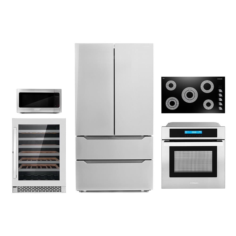 Cosmo 5 Piece Kitchen Appliance Package With 30" Electric Cooktop 30" Wall Mount Range Hood 24" Single Electric Wall Oven 24.4" Countertop Microwave & French Door Refrigerator