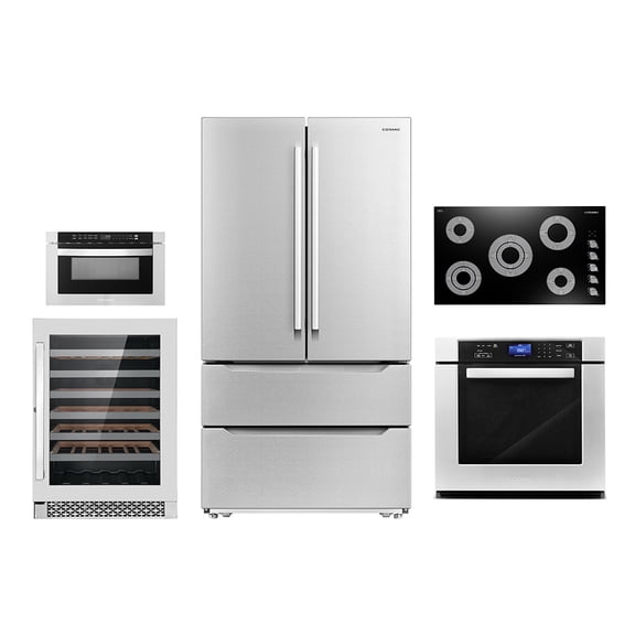 Cosmo 5 Piece Kitchen Appliance Package With 36" Electric Cooktop 24" 48 Bottle Freestanding Wine Refrigerator 30" Single Electric Wall Oven 24" Built-In Microwave Drawer & French Door Refrigerator