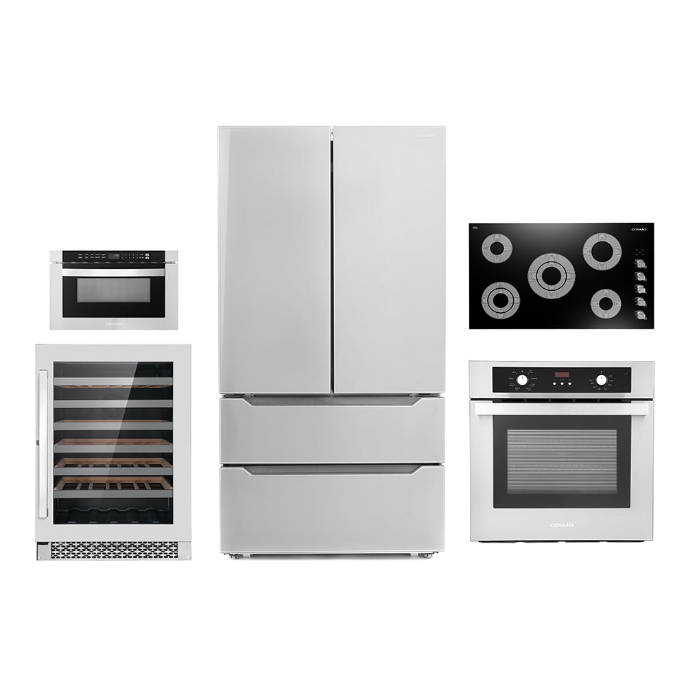 Cosmo 5 Piece Kitchen Appliance Package With 36" Electric Cooktop 24" 48 Bottle Freestanding Wine Refrigerator 24" Single Electric Wall Oven 24" Built-In Microwave Drawer & French Door Refrigerator