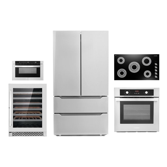 Cosmo 5 Piece Kitchen Appliance Package With 36" Electric Cooktop 24" 48 Bottle Freestanding Wine Refrigerator 24" Single Electric Wall Oven 24" Built-In Microwave Drawer & French Door Refrigerator