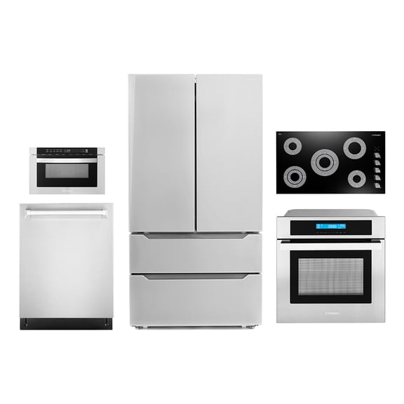 Cosmo 5 Piece Kitchen Appliance Package With 36" Electric Cooktop 24" Built-in Fully Integrated Dishwasher 24" Single Electric Wall Oven 24" Built-In Microwave Drawer & French Door Refrigerator
