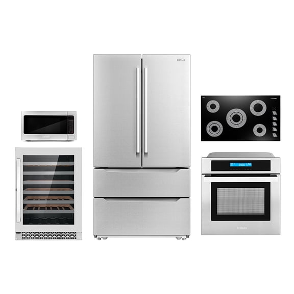 Cosmo 5 Piece Kitchen Appliance Package With 36" Electric Cooktop 24" Single Electric Wall Oven 24.4" Countertop Microwave French Door Refrigerator & 24" Built-in Fully Integrated Dishwasher