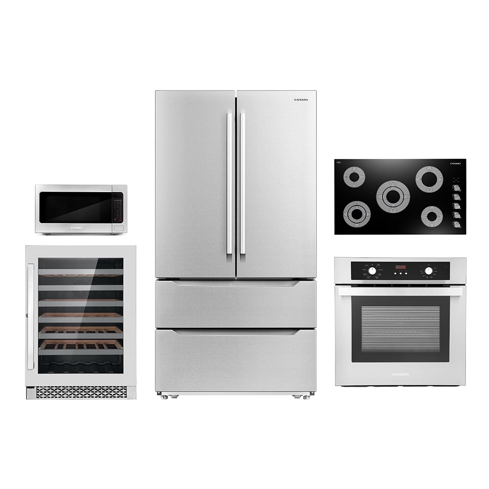 Cosmo 5 Piece Kitchen Appliance Package With 36" Electric Cooktop 24" Single Electric Wall Oven 24.4" Countertop Microwave French Door Refrigerator & 24" Built-in Fully Integrated Dishwasher