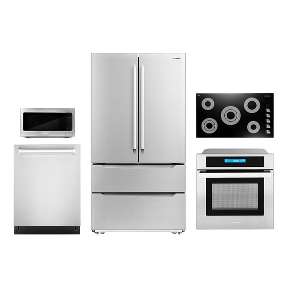 Cosmo 5 Piece Kitchen Appliance Package With 36" Electric Cooktop 30" Single Electric Wall Oven 17.3" Countertop Microwave French Door Refrigerator & 24" Built-in Fully Integrated Dishwasher
