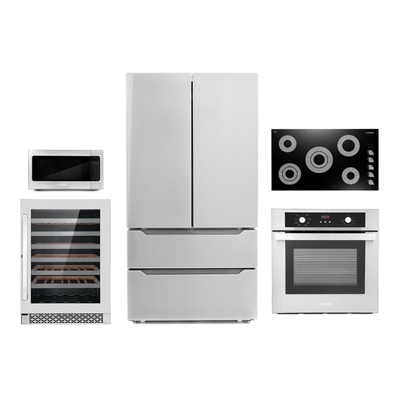 Cosmo 5 Piece Kitchen Appliance Package With 36" Electric Cooktop 30" Under Cabinet Range Hood 24" Single Electric Wall Oven 24.4" Countertop Microwave & French Door Refrigerator