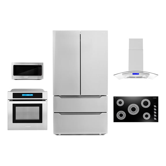 Cosmo 5 Piece Kitchen Appliance Package With 36" Electric Cooktop 36" Island Range Hood 30" Single Electric Wall Oven 17.3" Countertop Microwave & French Door Refrigerator