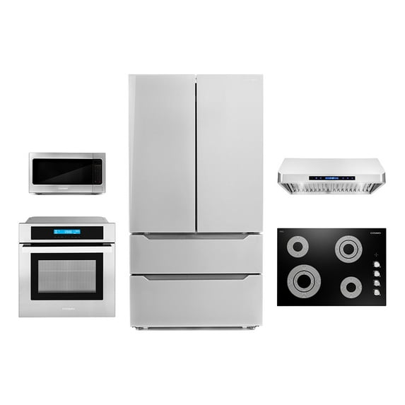 Cosmo 5 Piece Kitchen Appliance Package With 36" Electric Cooktop 36" Under Cabinet Range Hood 24" Single Electric Wall Oven 17.3" Countertop Microwave & French Door Refrigerator