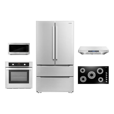 Cosmo 5 Piece Kitchen Appliance Package With 36" Electric Cooktop 36" Under Cabinet Range Hood 30" Single Electric Wall Oven 24.4" Countertop Microwave & French Door Refrigerator