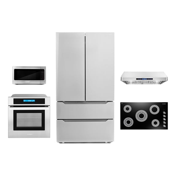 Cosmo 5 Piece Kitchen Appliance Package With 36" Electric Cooktop 36" Under Cabinet Range Hood 30" Single Electric Wall Oven 24.4" Countertop Microwave & French Door Refrigerator
