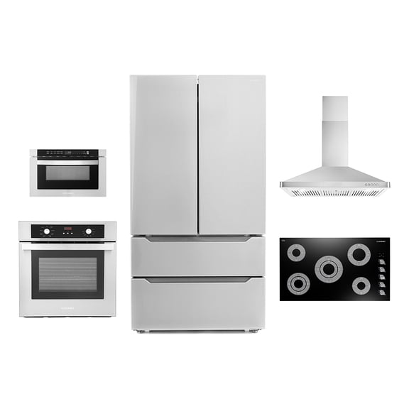 Cosmo 5 Piece Kitchen Appliance Package With 36" Electric Cooktop 36" Wall Mount Range Hood 24" Single Electric Wall Oven 17.3" Built-In Microwave & French Door Refrigerator