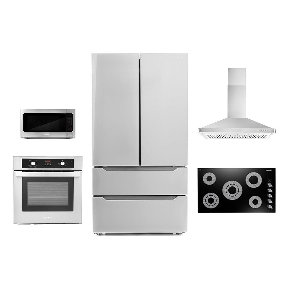 Cosmo 5 Piece Kitchen Appliance Package With 36" Electric Cooktop 36" Wall Mount Range Hood 24" Single Electric Wall Oven 17.3" Countertop Microwave & French Door Refrigerator