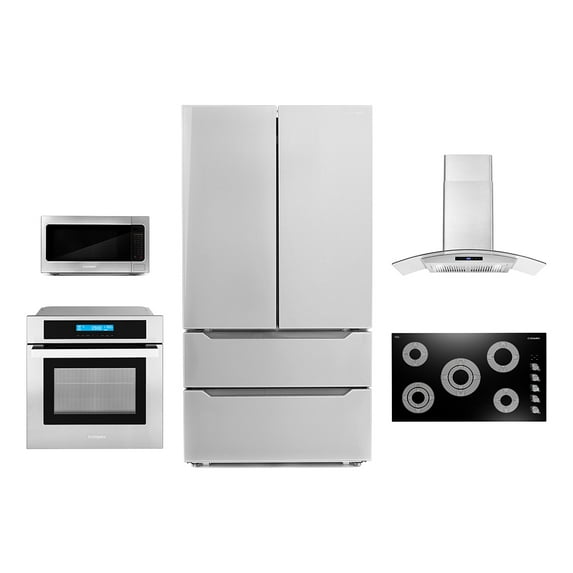Cosmo 5 Piece Kitchen Appliance Package With 36" Electric Cooktop 36" Wall Mount Range Hood 30" Single Electric Wall Oven 30" Over-the-range Microwave & French Door Refrigerator